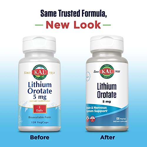 KAL Lithium Orotate 5mg | Low Serving of Chelated Lithium Orotate for Bioavailability & Mood Support | in Organic Rice Bran Extract Base