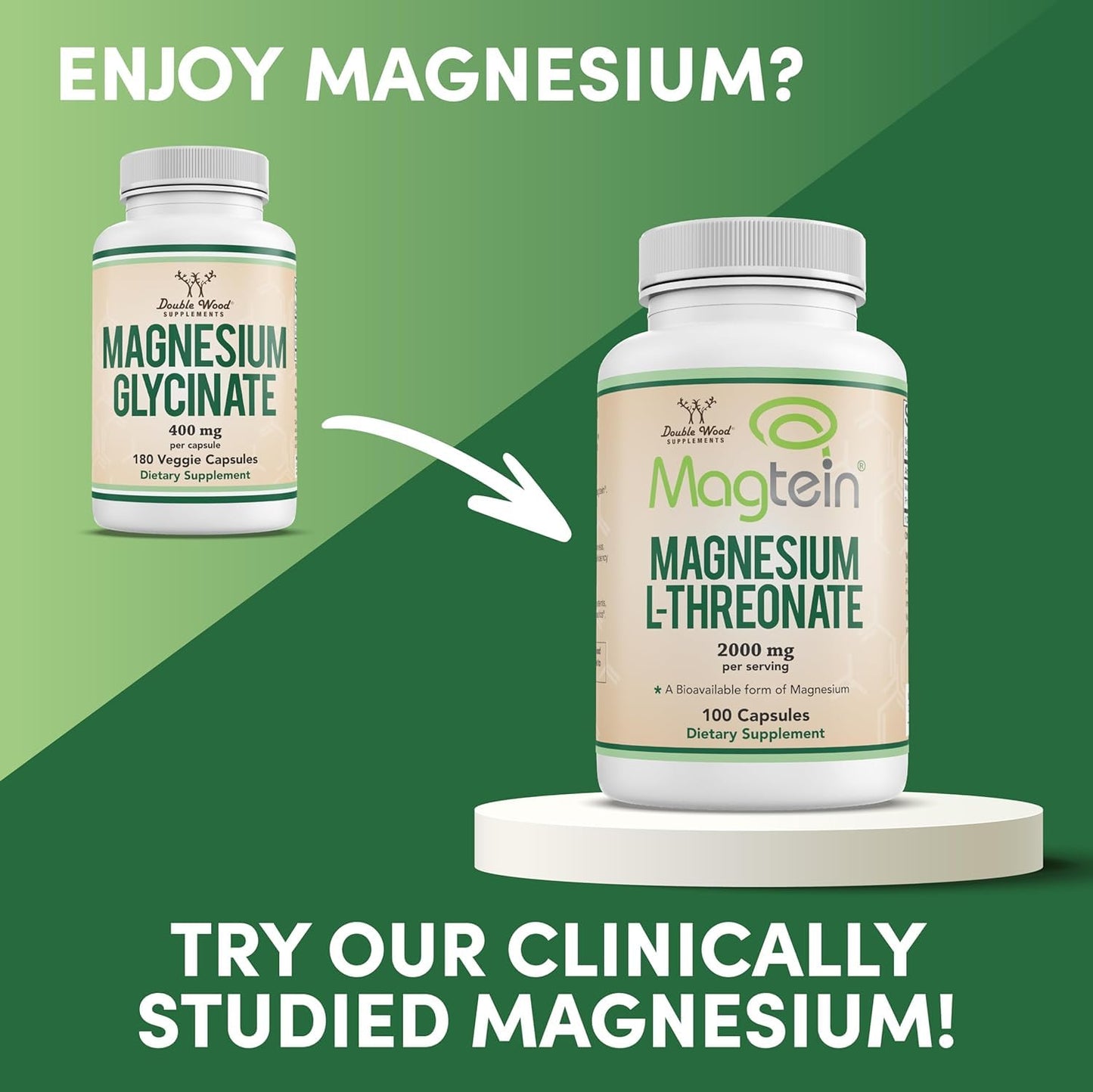 Double Wood Magnesium Glycinate 400 Mg 180 Servings (Manufactured and Third Party Tested in The USA)