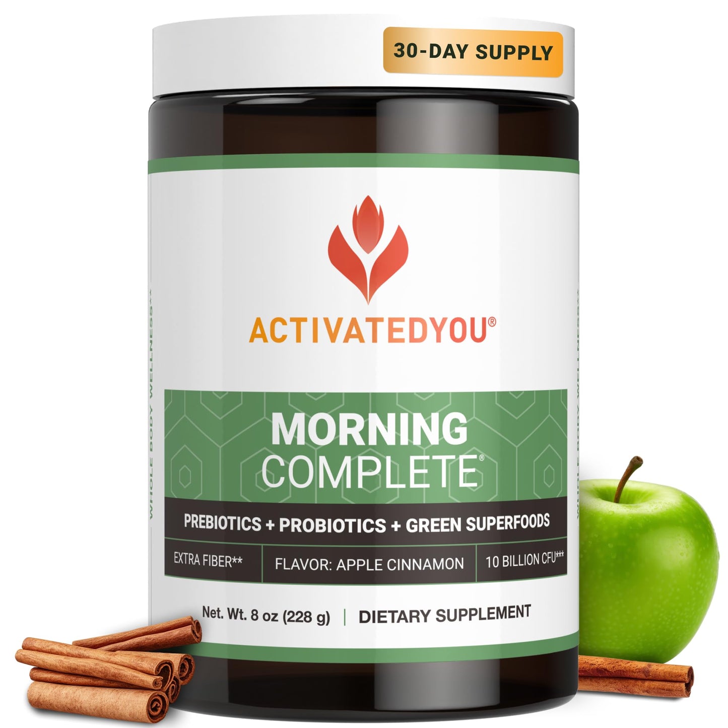 ActivatedYou Morning Complete Daily Wellness Drink with 10 Billion CFUs, Prebiotics, Probiotics and Green Superfoods, 30 Servings, Apple Cinnamon Flavor