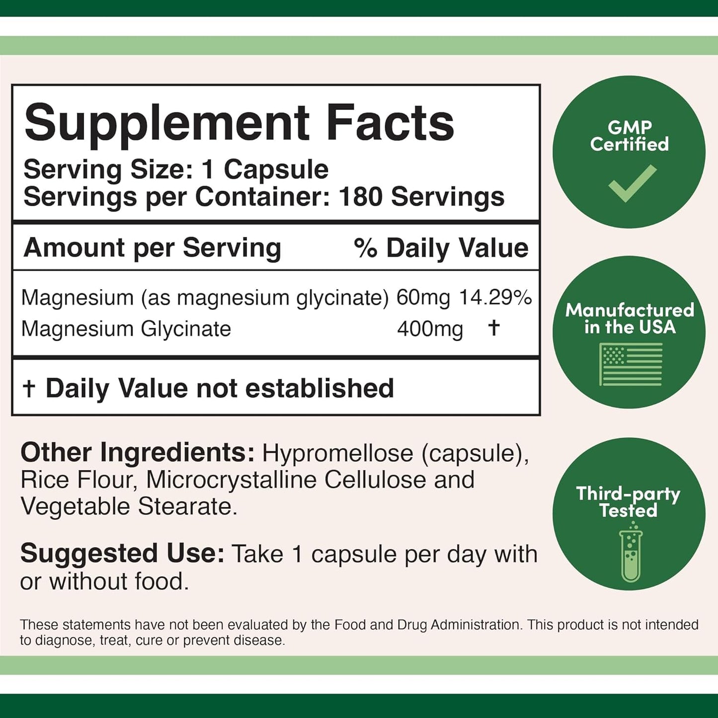 Double Wood Magnesium Glycinate 400 Mg 180 Servings (Manufactured and Third Party Tested in The USA)