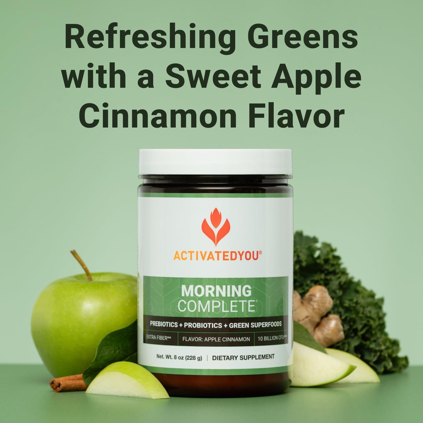 ActivatedYou Morning Complete Daily Wellness Drink with 10 Billion CFUs, Prebiotics, Probiotics and Green Superfoods, 30 Servings, Apple Cinnamon Flavor