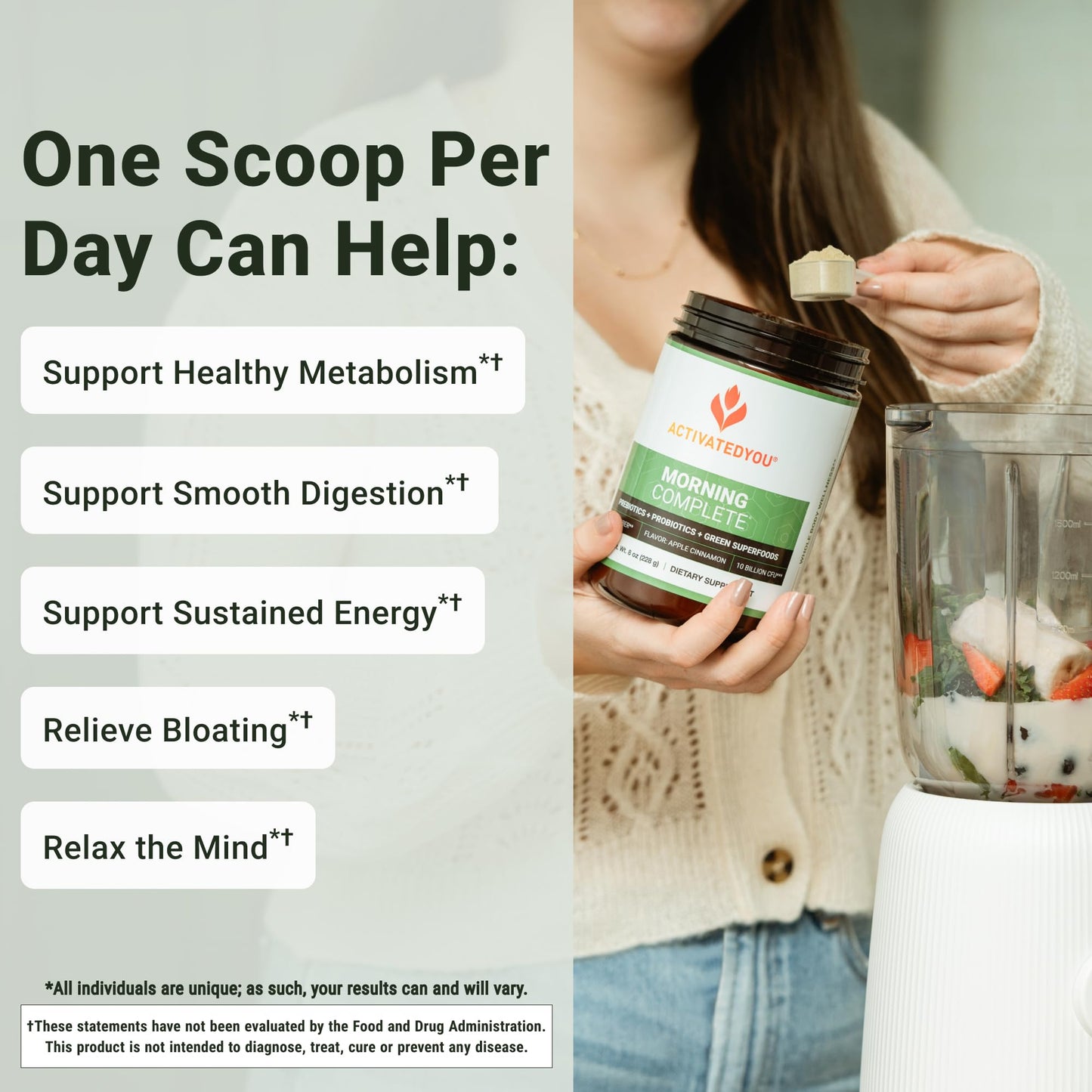 ActivatedYou Morning Complete Daily Wellness Drink with 10 Billion CFUs, Prebiotics, Probiotics and Green Superfoods, 30 Servings, Apple Cinnamon Flavor